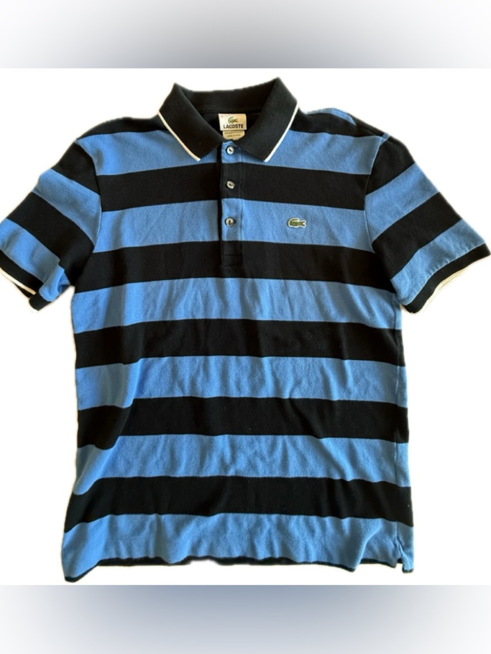 LACOSTE Men’s/ Big Boy Size 3 (Small) Striped Polo Shirt- Blue & Black